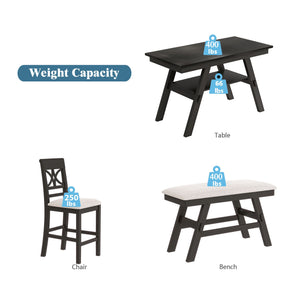 6 Piece Counter Height Dining Table Set with Storage Shelf - Espresso Wood