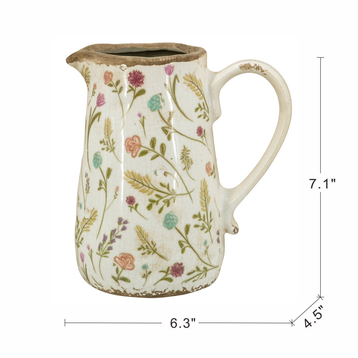 Round Ceramic Pitcher Vase with Floral Motifs - Multicolor