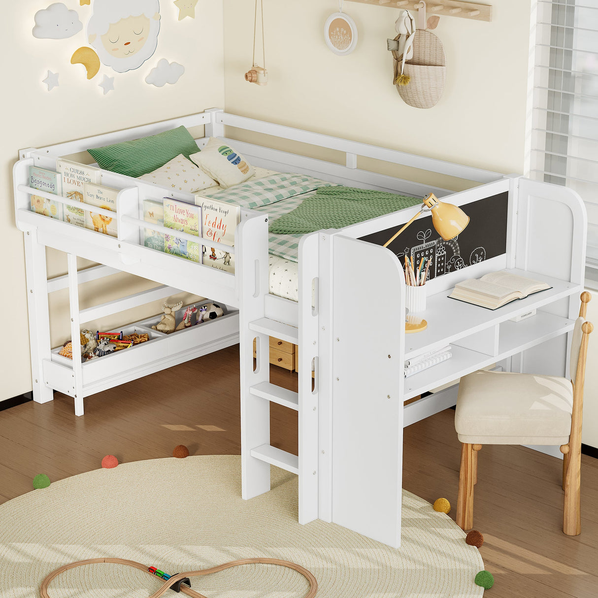 Twin Loft Bed With Multi-Storage Bookcases, Desk And Blackboard