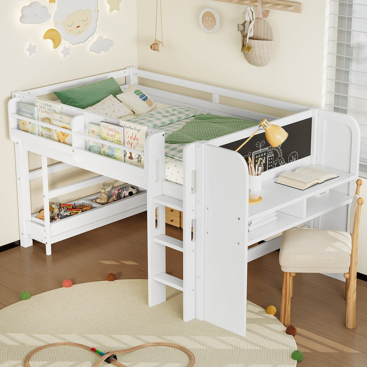 Twin Loft Bed With Multi-Storage Bookcases, Desk And Blackboard