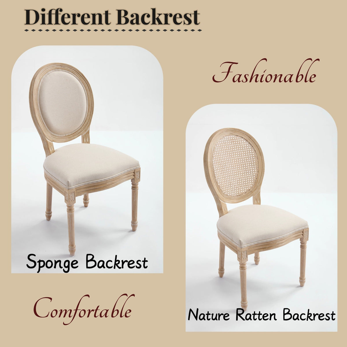 French Country Dining Chairs Set of 2 with Rattan Back - Beige Upholstery