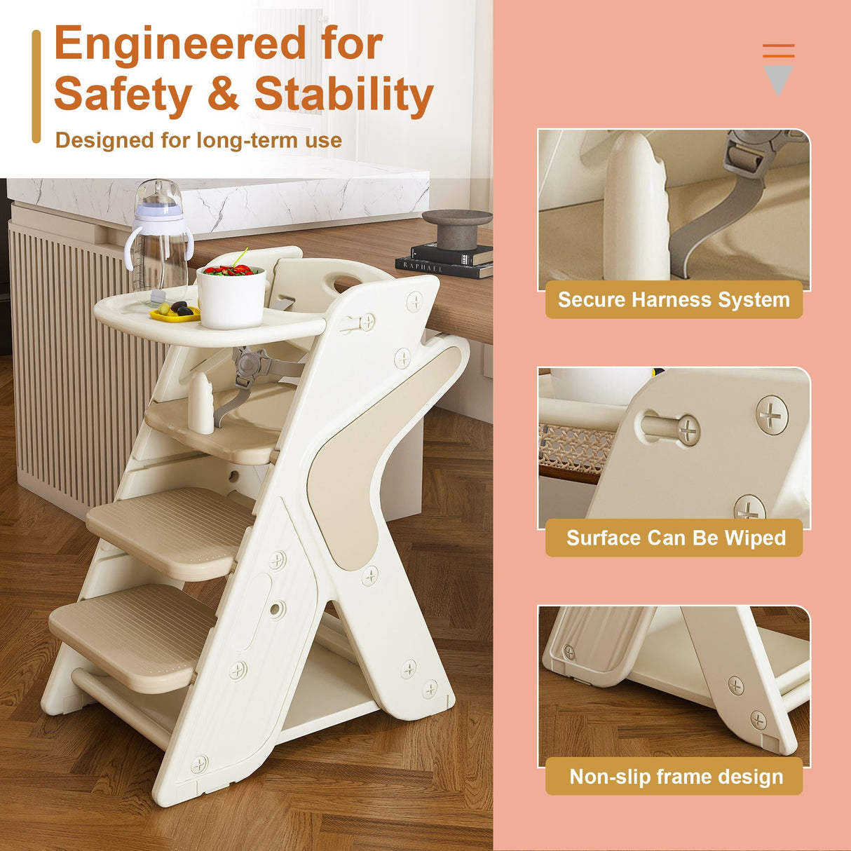 Multifunctional Growing Up Dining Chair With Adjustable Height And 5 Point Seat Belts