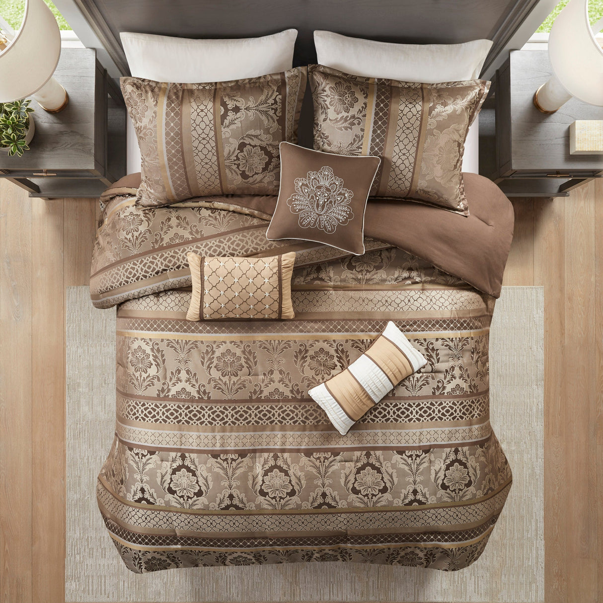 7 Piece Jacquard Comforter Set - Brown/Gold Cal King