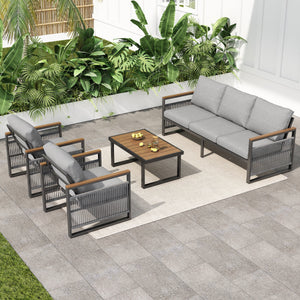 4-Piece Outdoor Metal Patio Furniture Set with Cushion - Grey & Natural