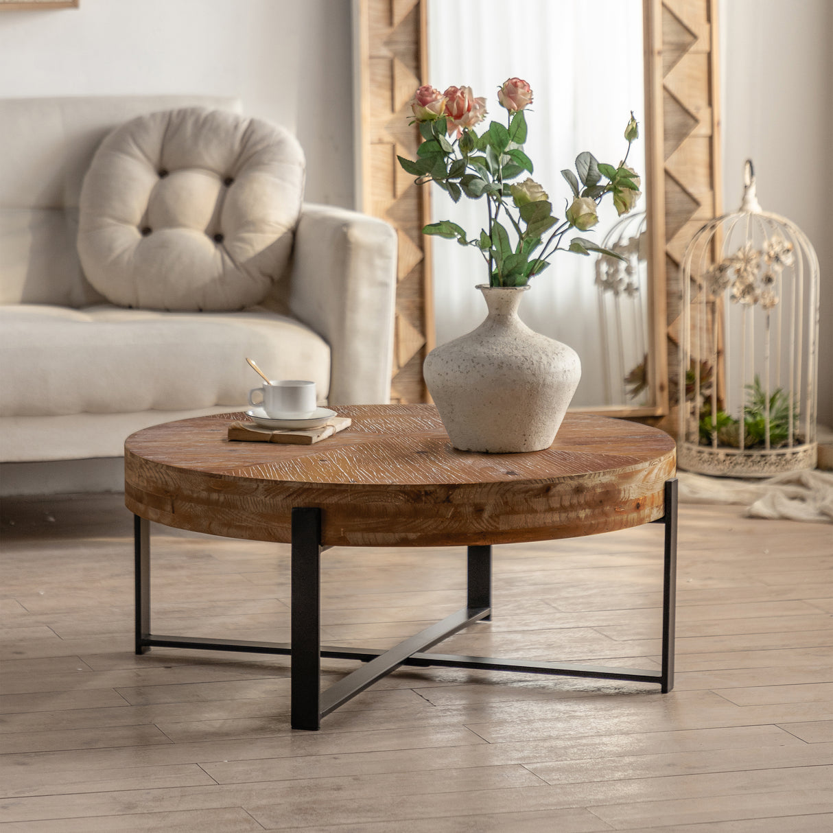 31.29'modern retro splicing round coffee table, fir wood table top with black cross legs base(same sku:w75770652)