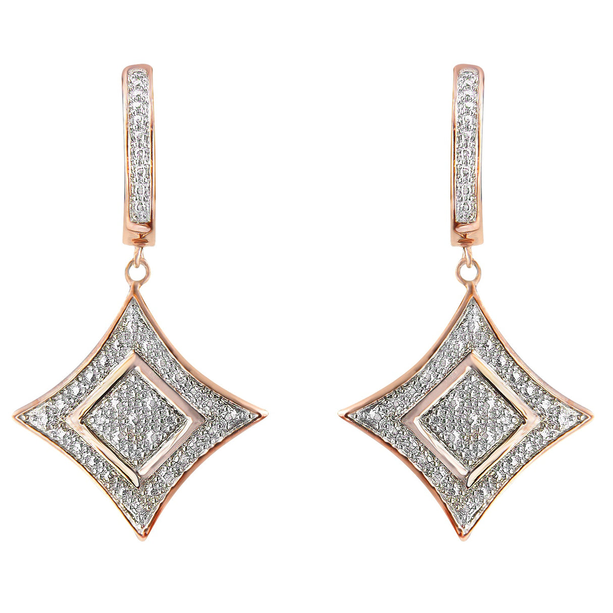 10K Rose Gold Plated Sterling Silver Round Cut Diamond Cushion Dangle Earrings (0.04 cttw, H-I Color, I2-I3 Clarity)