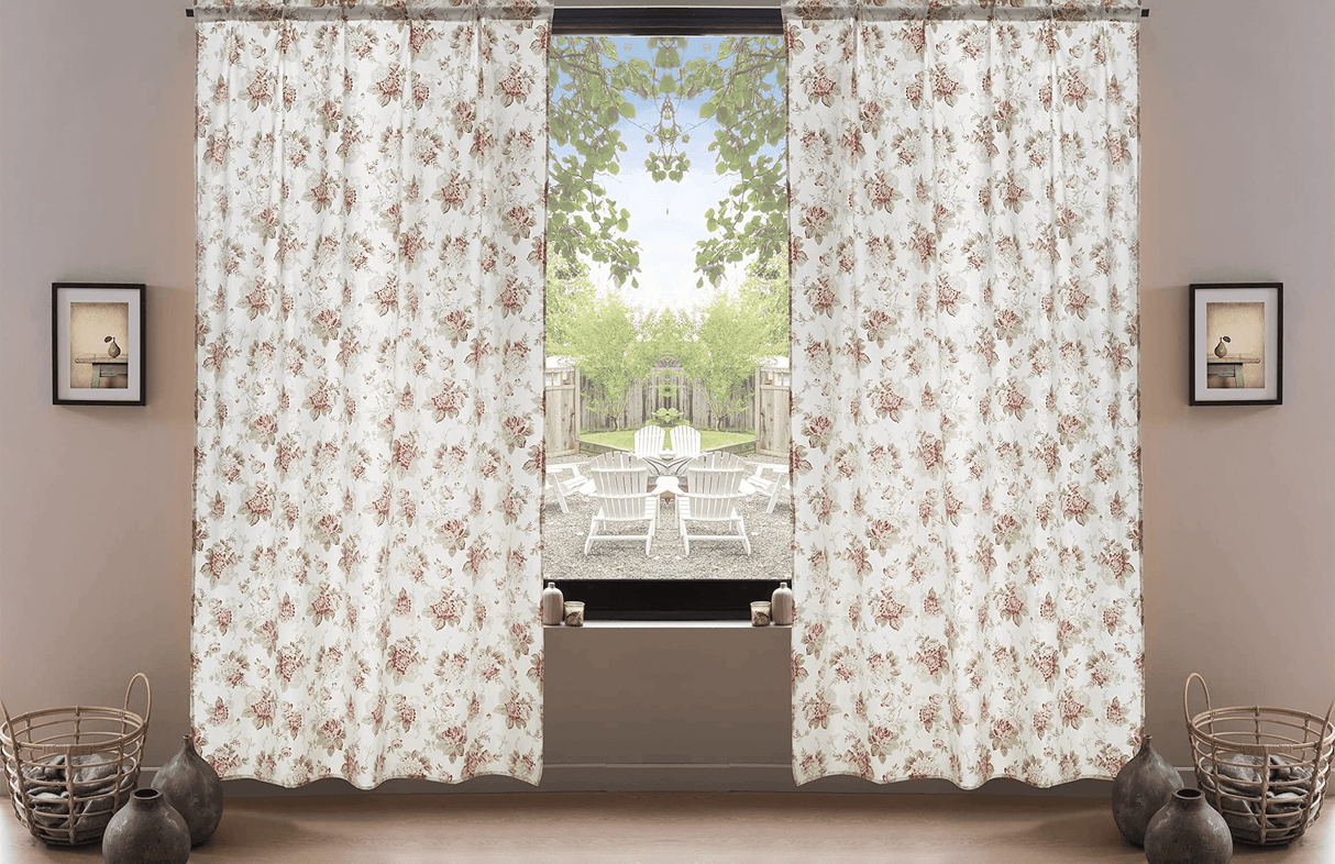 DaDa Bedding Set of 2-Pieces Hint of Mint Dainty Floral Pink Roses Cottage Sheer Window Panel Curtains (JHW3036)