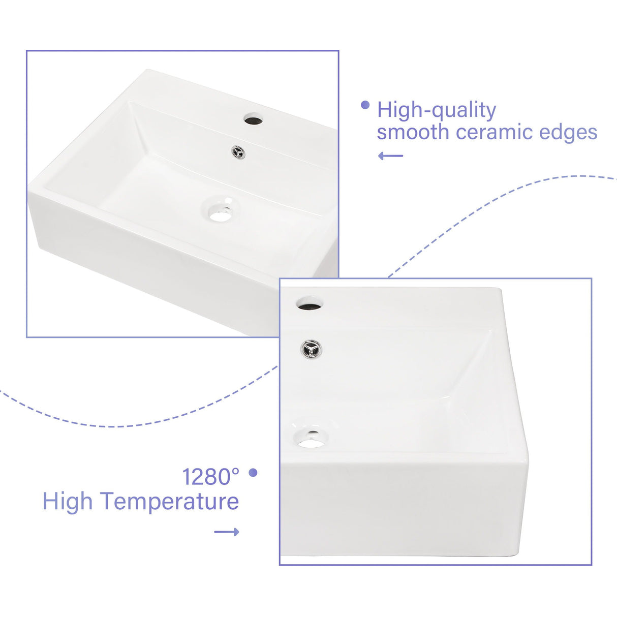 Modern Ceramic Rectangular Wall Mounted Bathroom Sink With Faucet Hole & Overflow