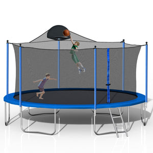 14Ft Trampoline For Adults & Kids With Basketball Hoop, Outdoor Trampolines With Ladder And Safety Enclosure Net For Kids And Adults, Double-Side Color Cover - Blue