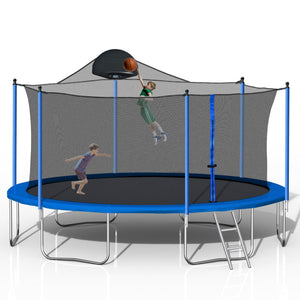 14Ft Trampoline with Safety Enclosure and Basketball Hoop - Blue
