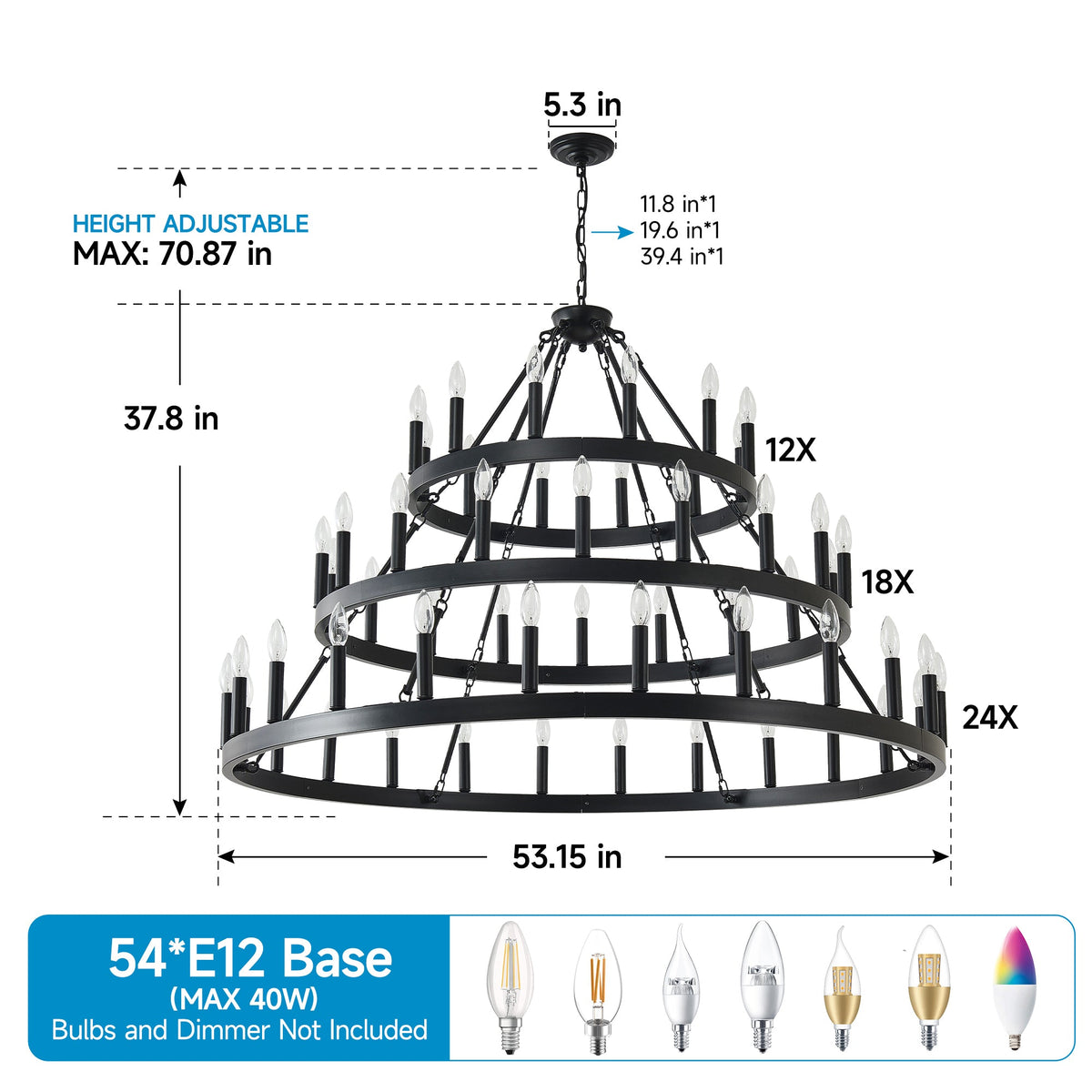 3 Tiers Wagon Wheel Chandelier - 54-Light Matte Black Metal