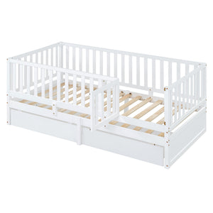 Daybed With Fence Guardrails And 2 Drawers, Split Into Independent Floor Bed & Daybed