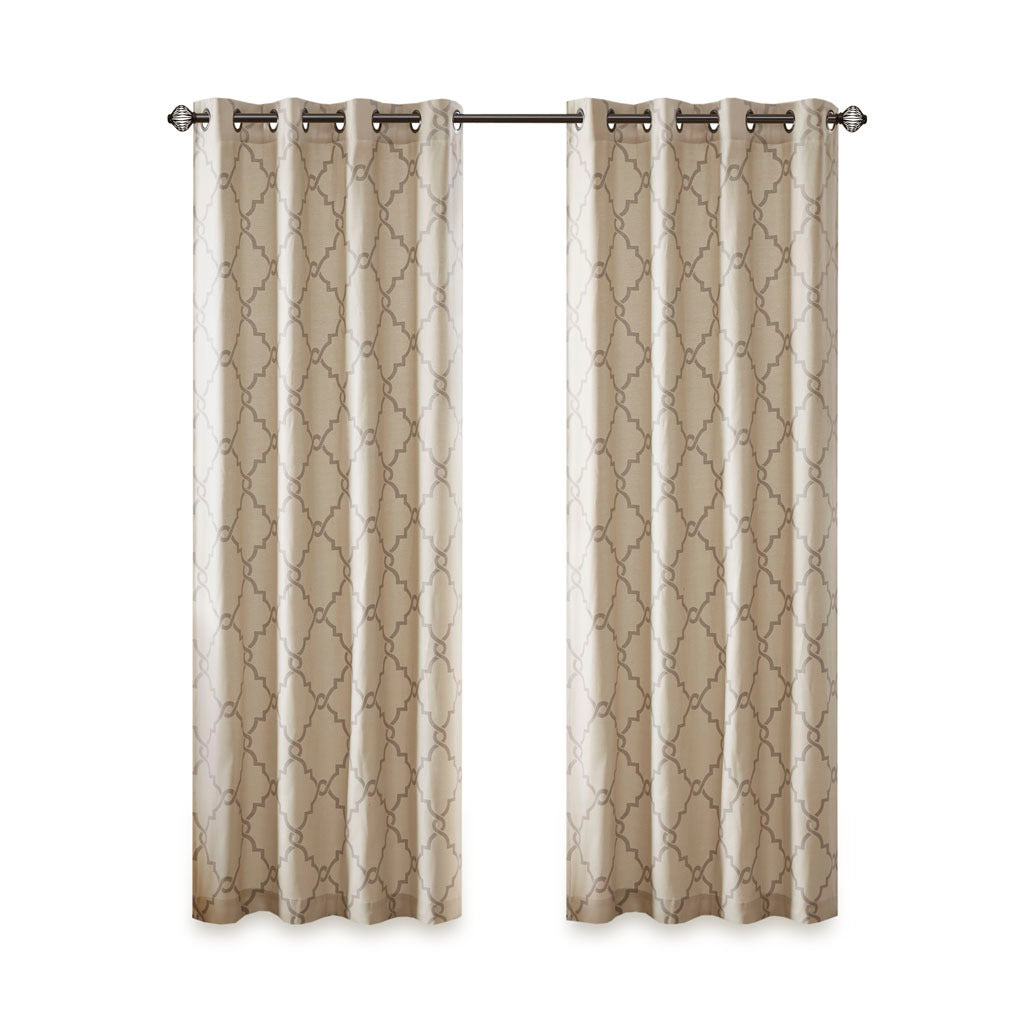 Fretwork Print Grommet Top Window Curtain Panel with Sunlight Filtering - Beige/Grey