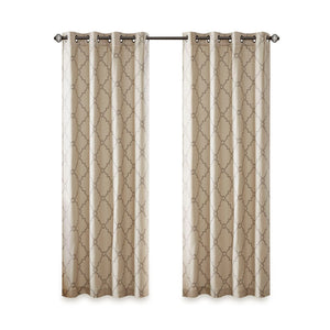 Fretwork Print Grommet Top Window Curtain Panel with Sunlight Filtering - Beige/Grey