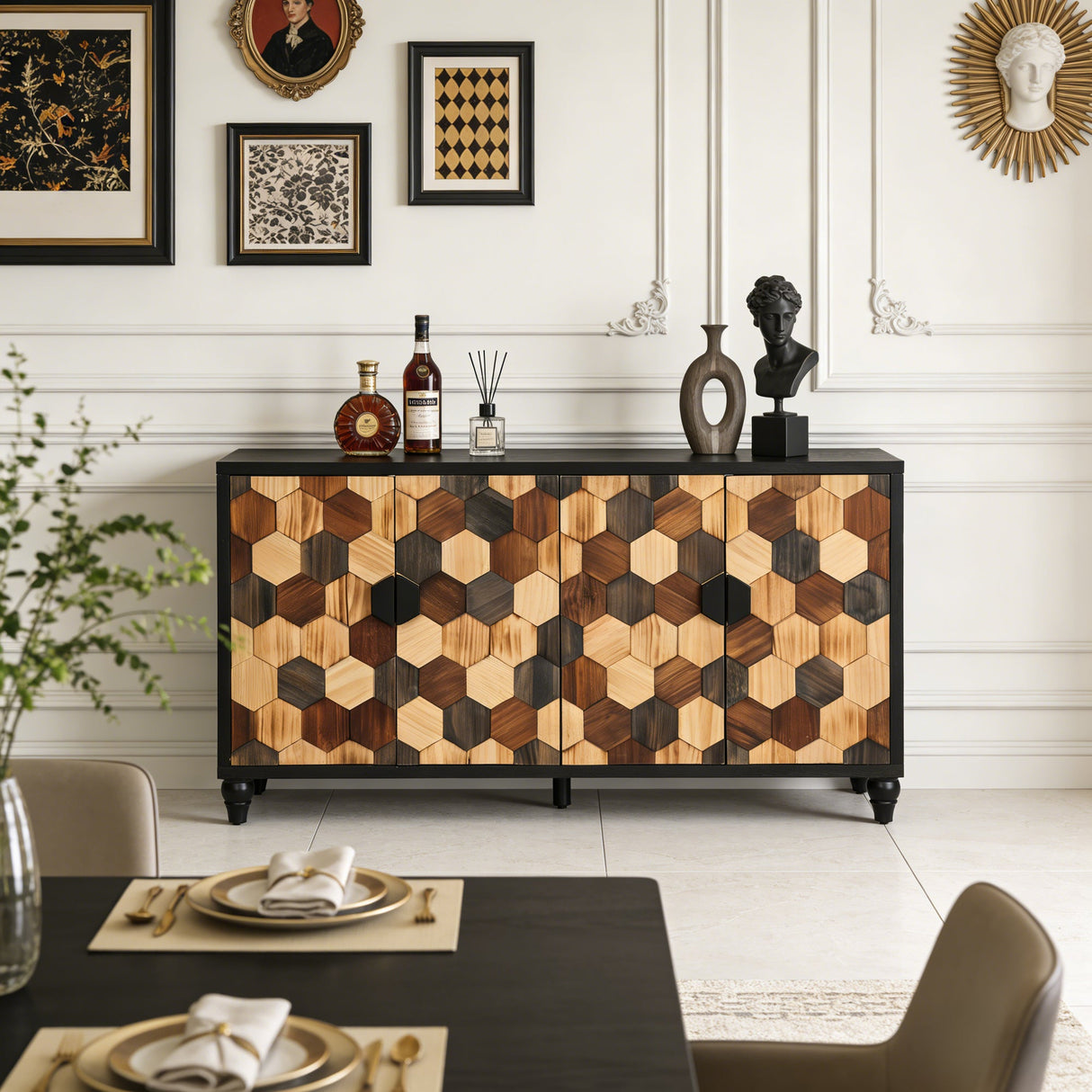 Distressed Storage Cabinet with Honeycomb Pattern