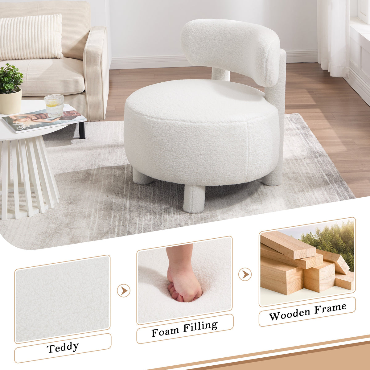 Teddy Fabric Armless Accent Chair with Plush Upholstery - Cream