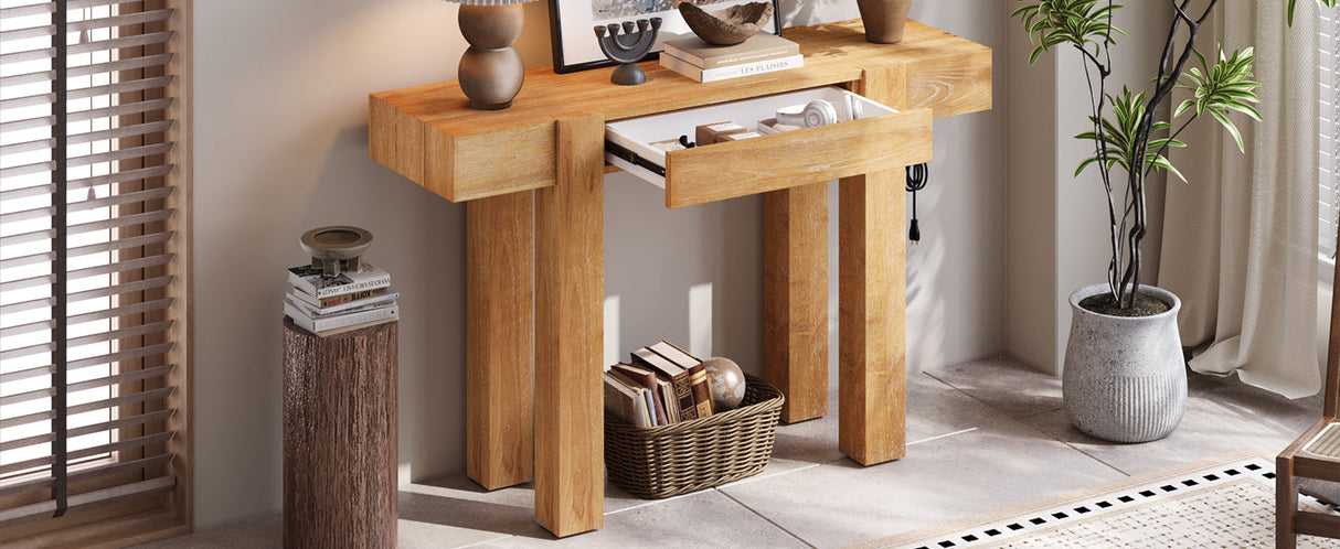 TREXM Rustic Minimalist Console Table with Hidden Drawer