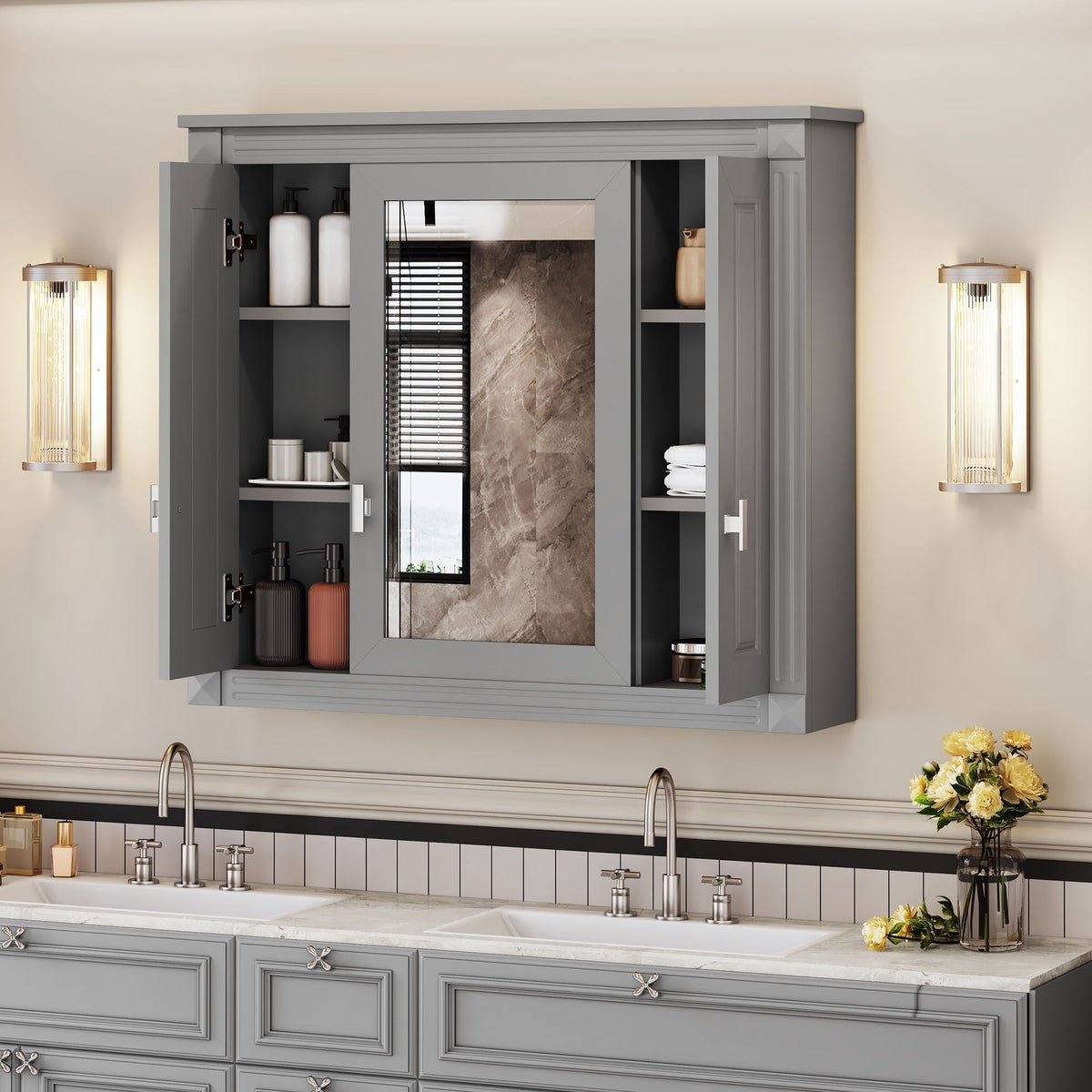 Wall Mounted Bathroom Cabinet with Mirror and 4 Shelves - Gray