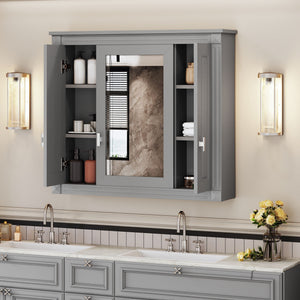 Wall Mounted Bathroom Cabinet with Mirror and 4 Shelves - Gray