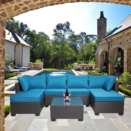 Outdoor garden patio furniture 7-piece pe rattan wicker cushioned sofa sets  and coffee table