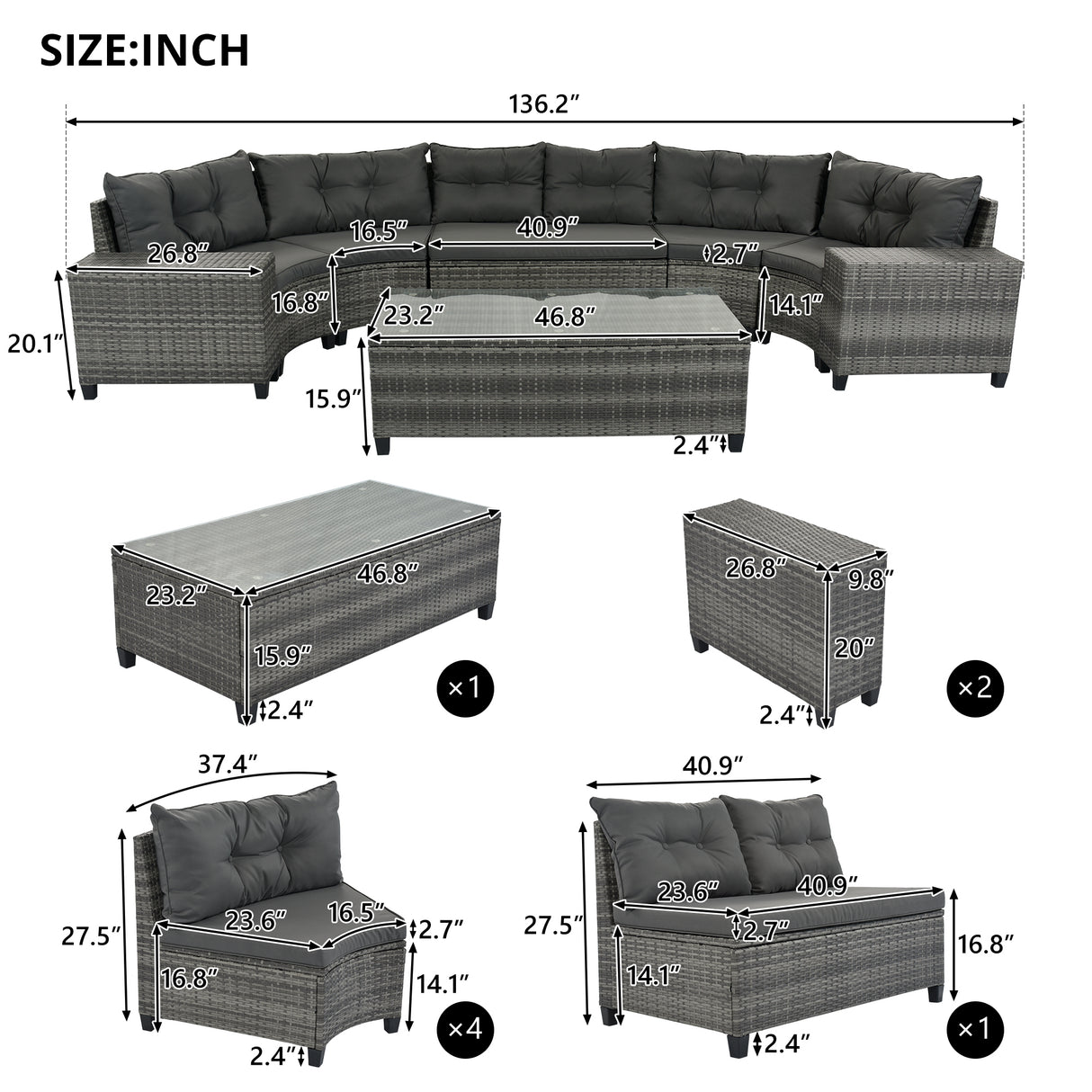 8-piece outdoor wicker round sofa set, half-moon sectional set all weather