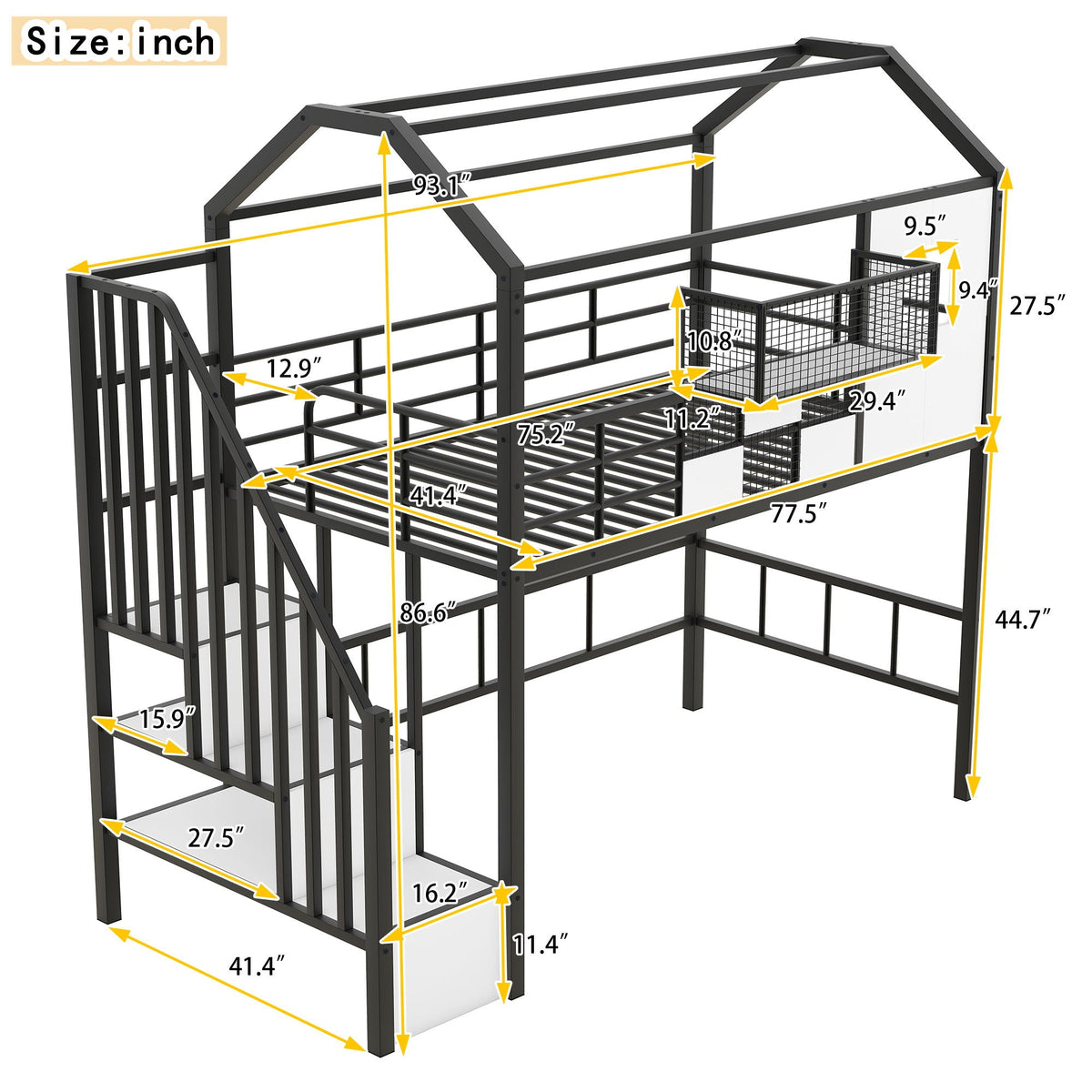 Metal Loft Bed With Roof Design And Storage Box With Guardrails And Integrated Ladder
