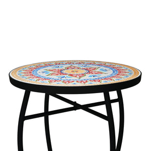 Outdoor Round Side Table With Mosaic Style Top And Curved Iron Legs