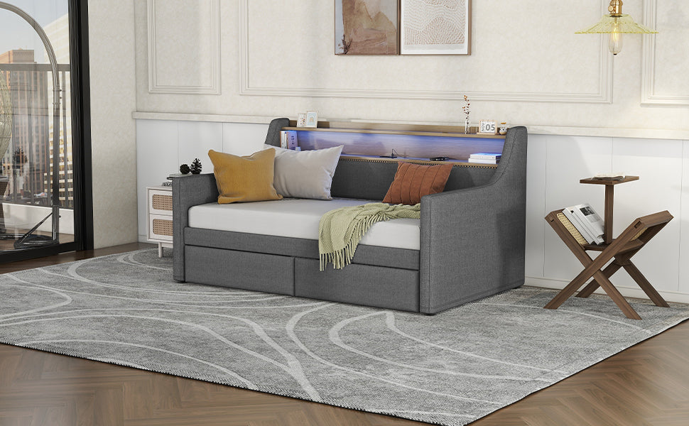 Twin Size Linen Upholstered Daybed with Storage Drawers and LED Lights