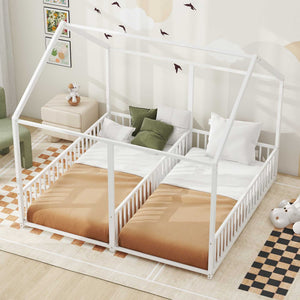 Metal Twin Size House Platform Beds 2 Shared Beds - Antique White