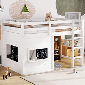 Twin Size Loft Bed With Sliding Chalkboard & Bookshelf
