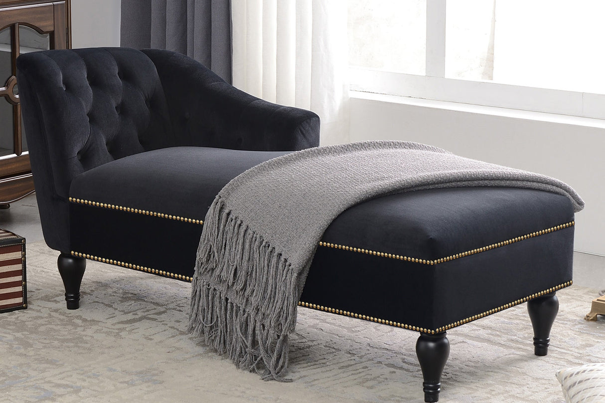 58" Velvet Chaise Lounge with Nailhead Trim and Solid Wood Legs