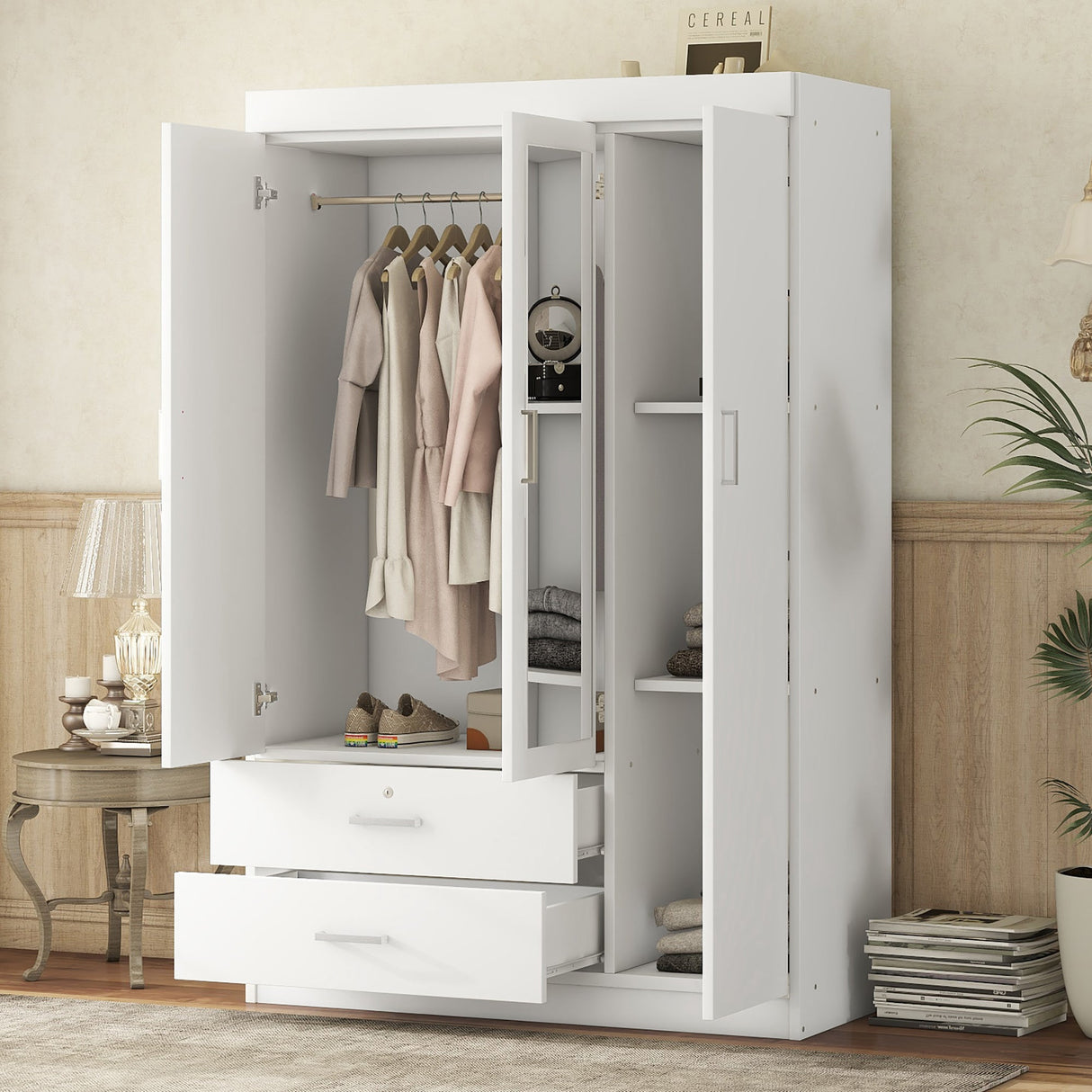 3-Door Mirror Wardrobe with Shelves, White
