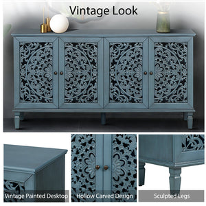 60" Antique Buffet Cabinet with Floral Carvings and Adjustable Shelves