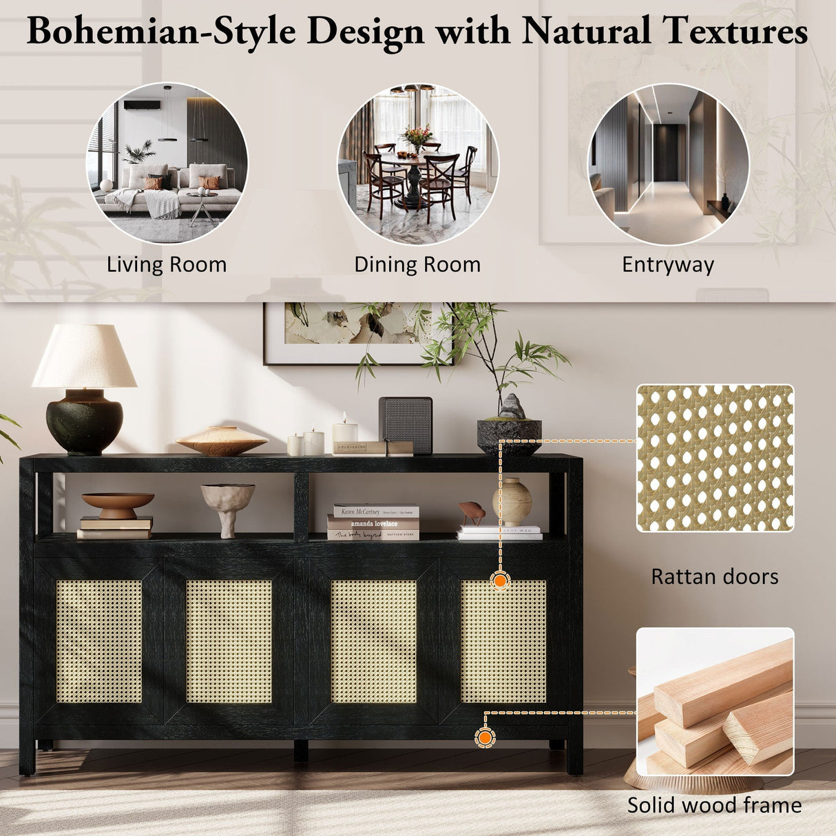 TREXM Bohemian Style Rattan Buffet Storage Cabinet with Solid Wood Frame