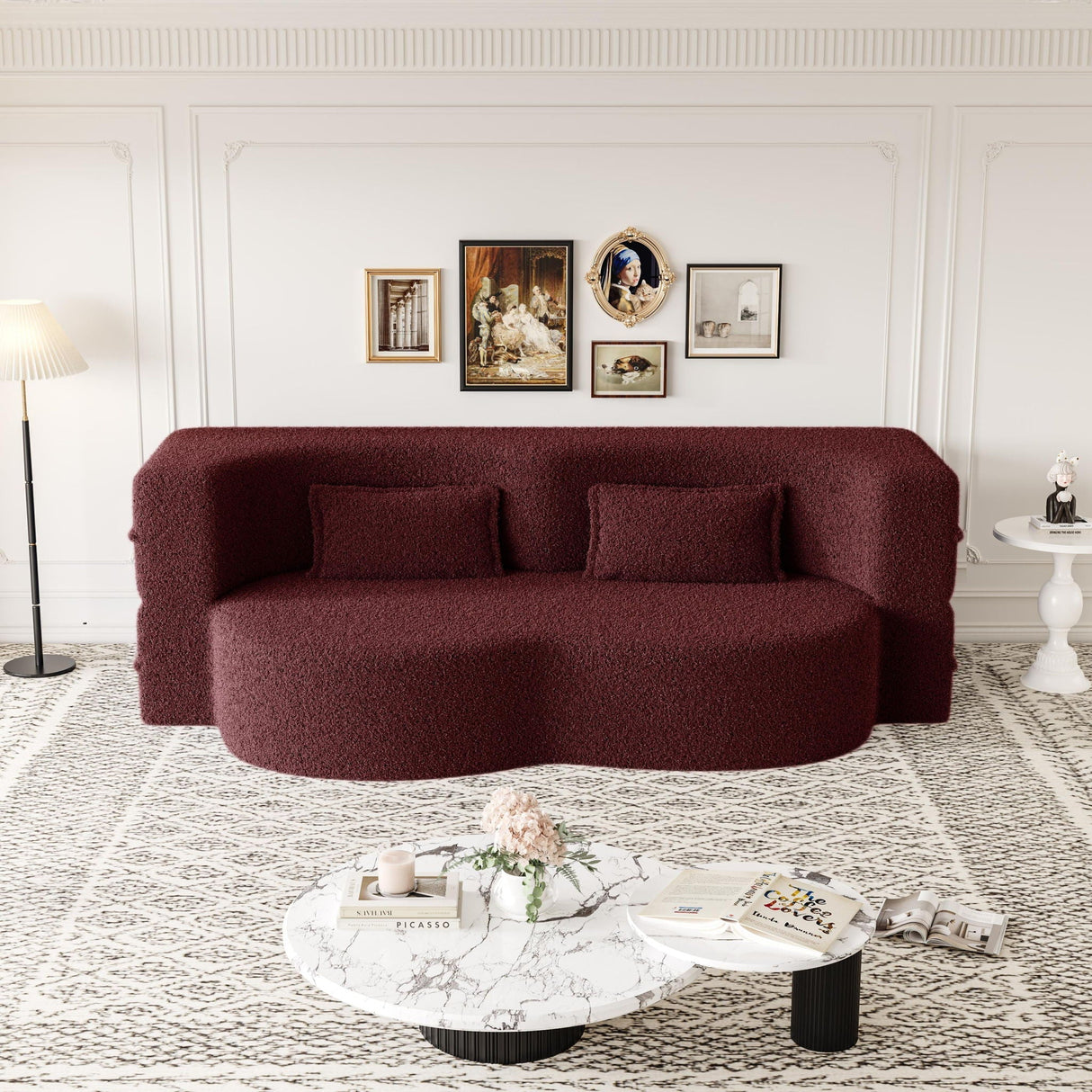 Modern Floor Sofa with 2 Pillows, Convertible Teddy Fabric Foam Filled Bed