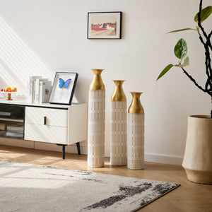 Floor Metal Vases Set of 3 - White with Gold Accents