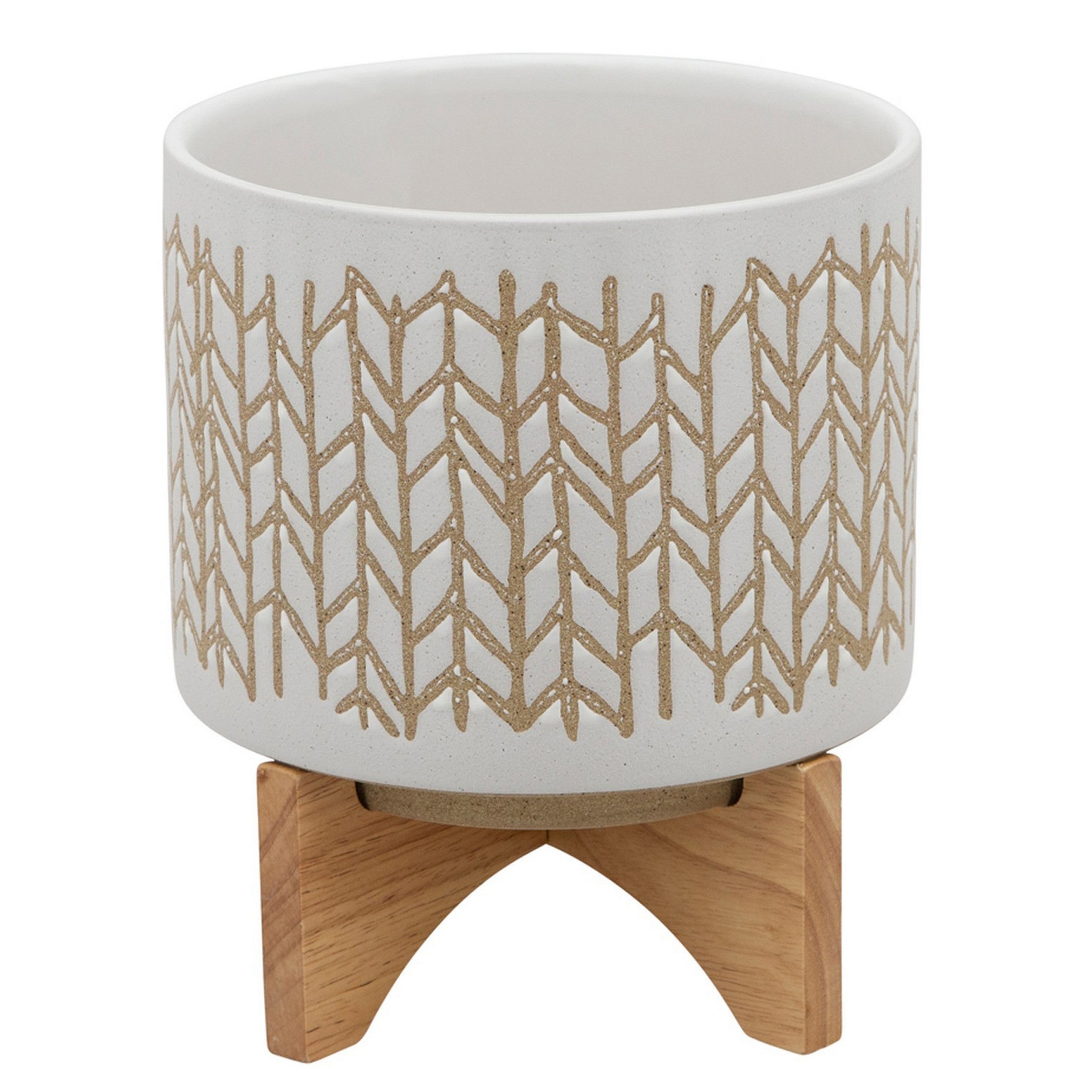 Planter-with--Chevron-Pattern-and-Wooden-Stand,-Large,-Off-White-Pots-&-Planters