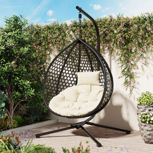 Black + Beige Hanging Chair with Adjustable Headrest and Iron Base
