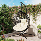 Black + Beige Hanging Chair with Adjustable Headrest and Iron Base