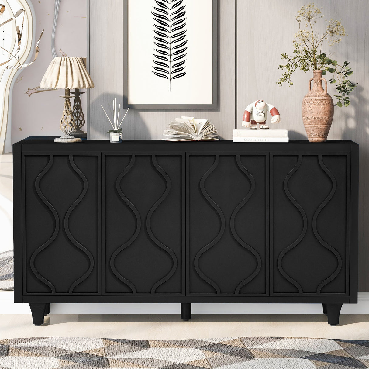 Storage Cabinet Sideboard Wooden Cabinet with Embossed Curved Doors