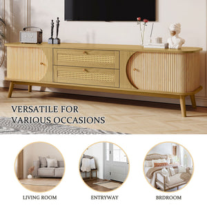 Rattan TV Stand For Tvs Up To 75'', Modern Farmhouse Media Console, Entertainment Center With Legs, TV Cabinet For Living Room, Home Theatre - Natural Wood