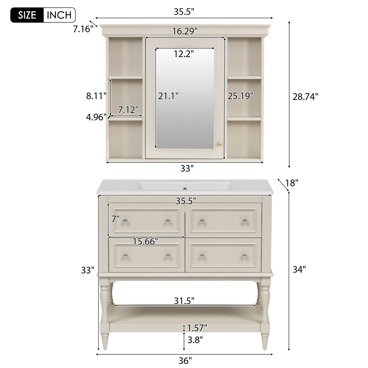 Bathroom Vanity with Medicine Cabinet, Storage Cabinet with 4 Drawers, Adjustable Shelf Mirror