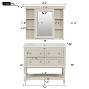 Bathroom Vanity with Medicine Cabinet, Storage Cabinet with 4 Drawers, Adjustable Shelf Mirror