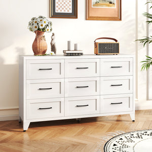 9 Drawer Dresser for Bedroom, Metal Profile Chest of Drawers, White Bedroom Dresser with Storage Drawers for Closet, Hallway, Entryway, Steel Furniture with Quiet-Glide Rails, Easy-Clean & Scratch