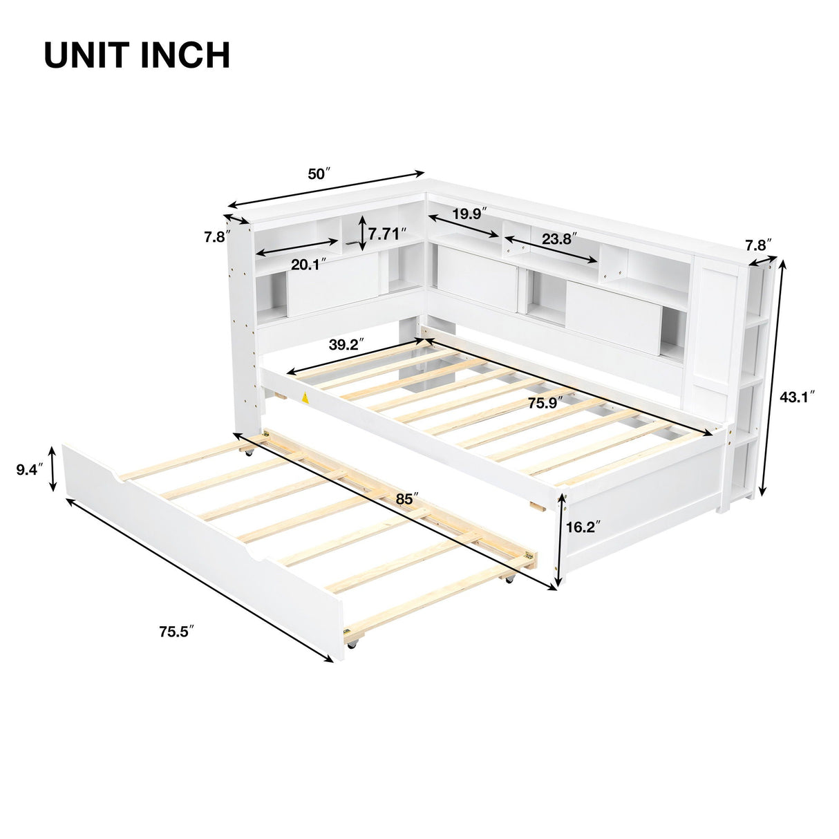 Daybed With Storage Shelves, USB Charging, And Trundle Bed