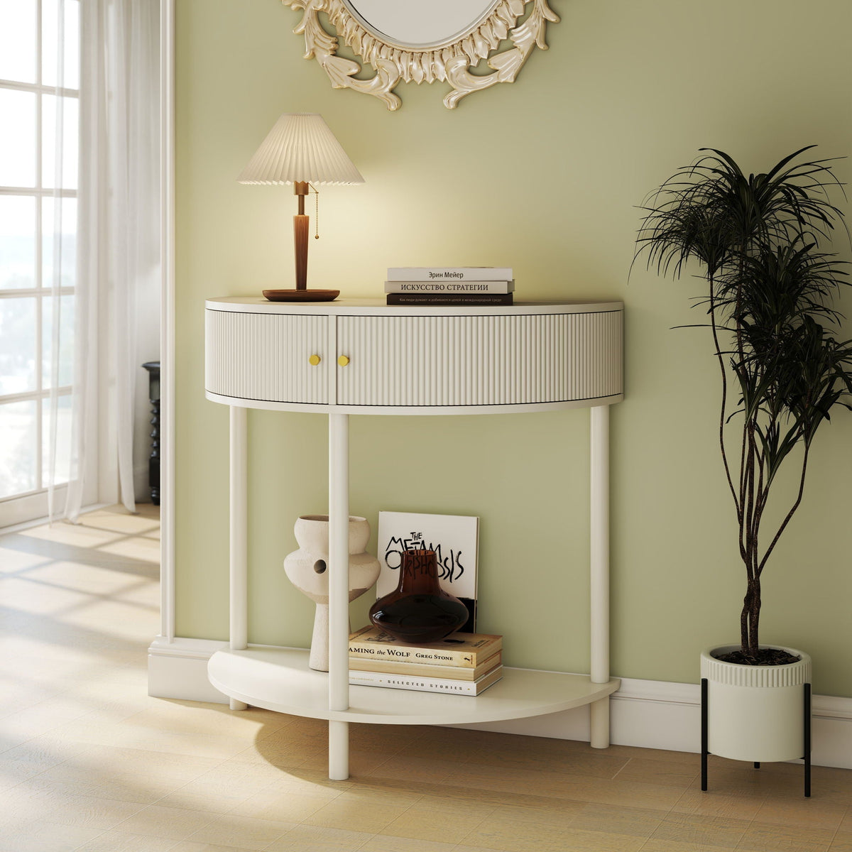 Demi Lune Console Table with 2 Storage Drawers - White, Dark Gray, Dark Brown