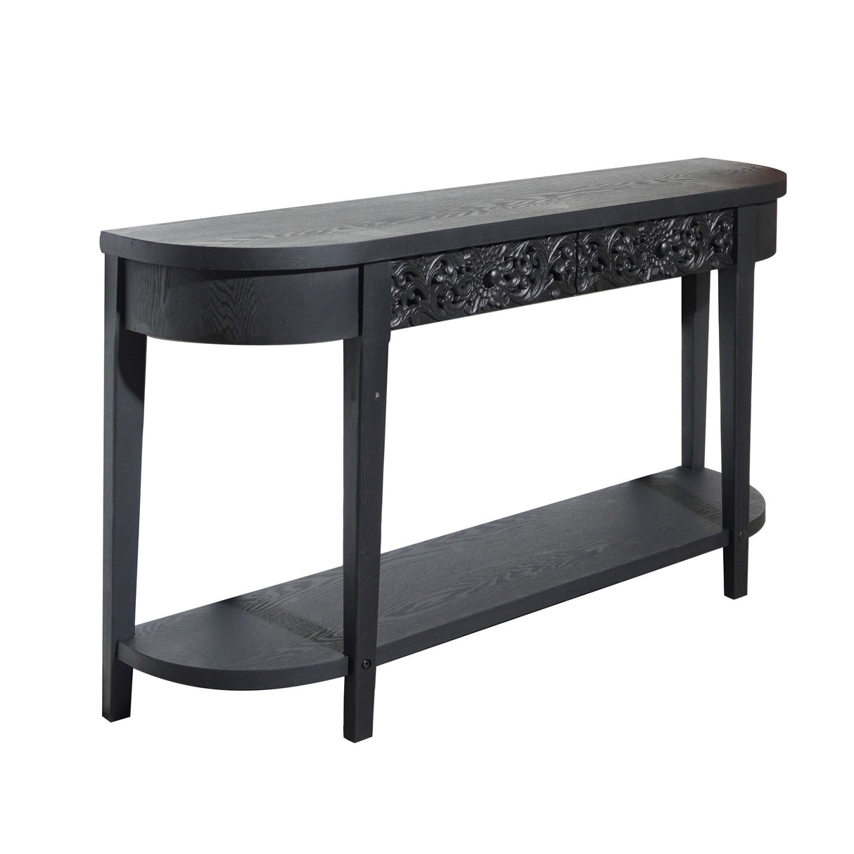 59.2in Black Carved Wooden Console Table with Lower Storage Shelf  Tow Drawers– Elegant Decorative Accent for Entryway, Living Room, and Hallway