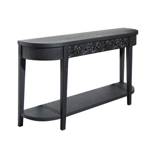 59.2in Black Carved Wooden Console Table with Lower Storage Shelf  Tow Drawers– Elegant Decorative Accent for Entryway, Living Room, and Hallway