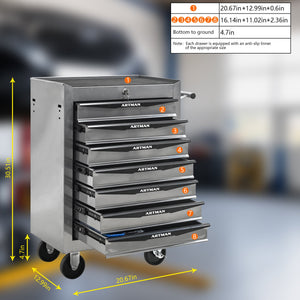 Rolling Metal Tool Chest with 7 Drawers, 20" Cabinet Silver