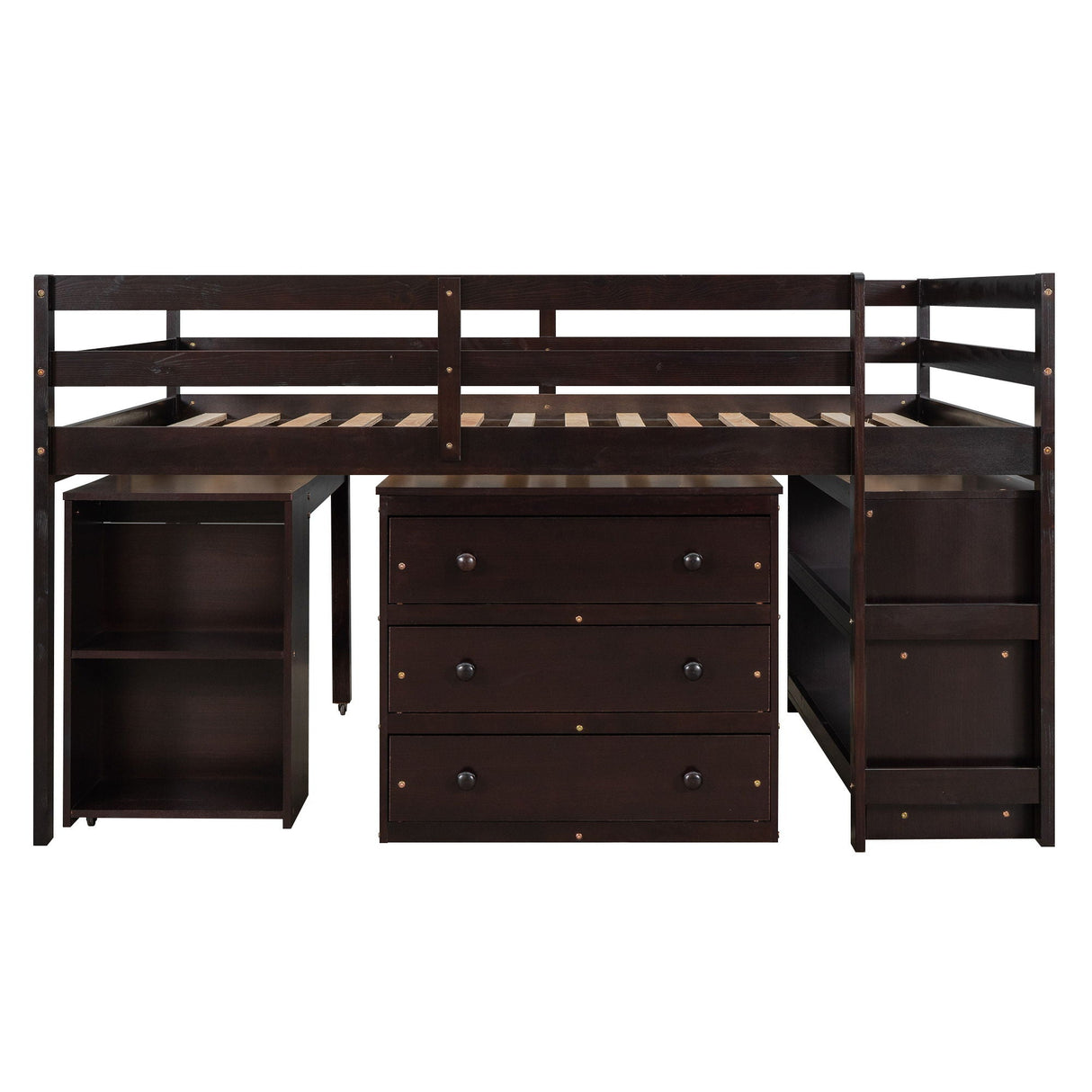 Loft Low Study Bed With Cabinet, Shelves And Rolling Portable Desk, Multiple Functions